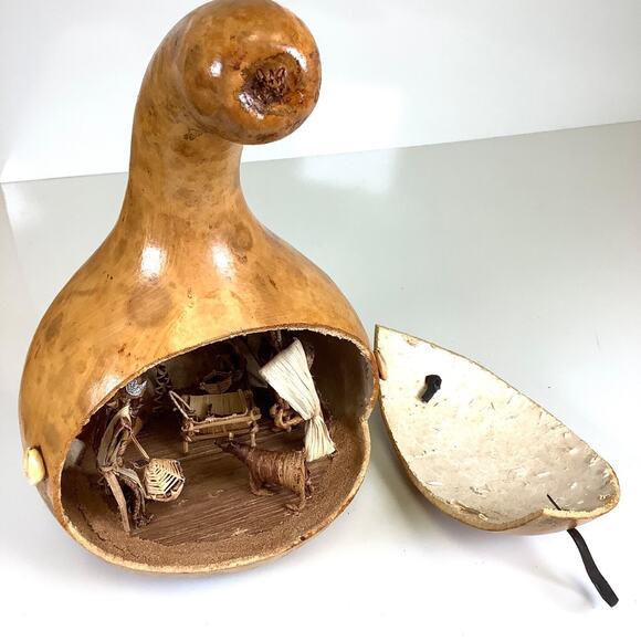 Large Hand Carved African Folk Art Nativity Scene Gourd Seashells Door Clasp - Picture 2 of 8